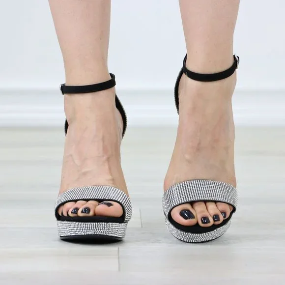 Black And Silver Sparkly Rhinestone Platform High Heels - Picture 8 of 12